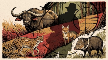 Un búfalo, un gato montés, un zorro y un pecarí entre vegetación, junto a la silueta de un cazador y la retícula de una mira telescópica.