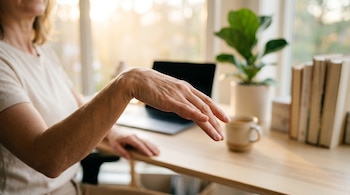 Mano y muñeca flexionadas de una persona frente a un escritorio con una computadora portátil, una taza y libros.