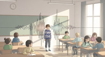 Un aula con estudiantes sentados en pupitres y un niño de pie en el centro; una onda sonora abstracta atraviesa la imagen, con un patrón distinto alrededor del niño.