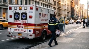 Una ambulancia con la puerta abierta y un trabajador de emergencias de espaldas caminando por la acera de una calle urbana.