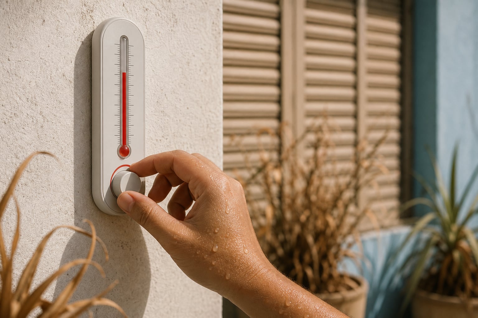 Una mano con gotas de sudor ajusta un termómetro de pared en una vivienda de Lima durante un periodo de altas temperaturas. (Imagen Ilustrativa Infobae)