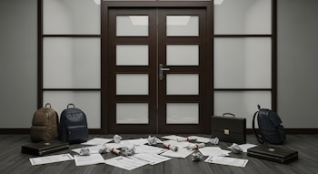 Puerta de oficina doble, moderna y oscura, cerrada. En el suelo, currículums arrugados y enrollados, diplomas, y mochilas junto a maletines sin dueño.