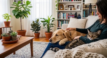 Una mujer sentada en un sofá blanco acaricia a un perro golden retriever. Un gato atigrado duerme en su regazo. La sala tiene plantas, una mesa y estanterías con libros.