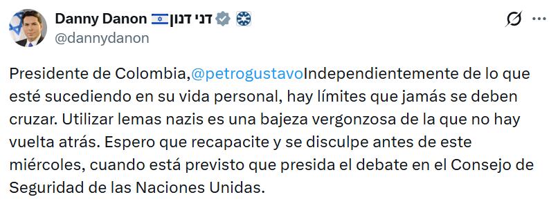 El embajador de Israel ante la ONU, Danny Danon, rechazó el uso de una expresión asociada al nazismo y pidió una rectificación. - crédito @dannydanon/X