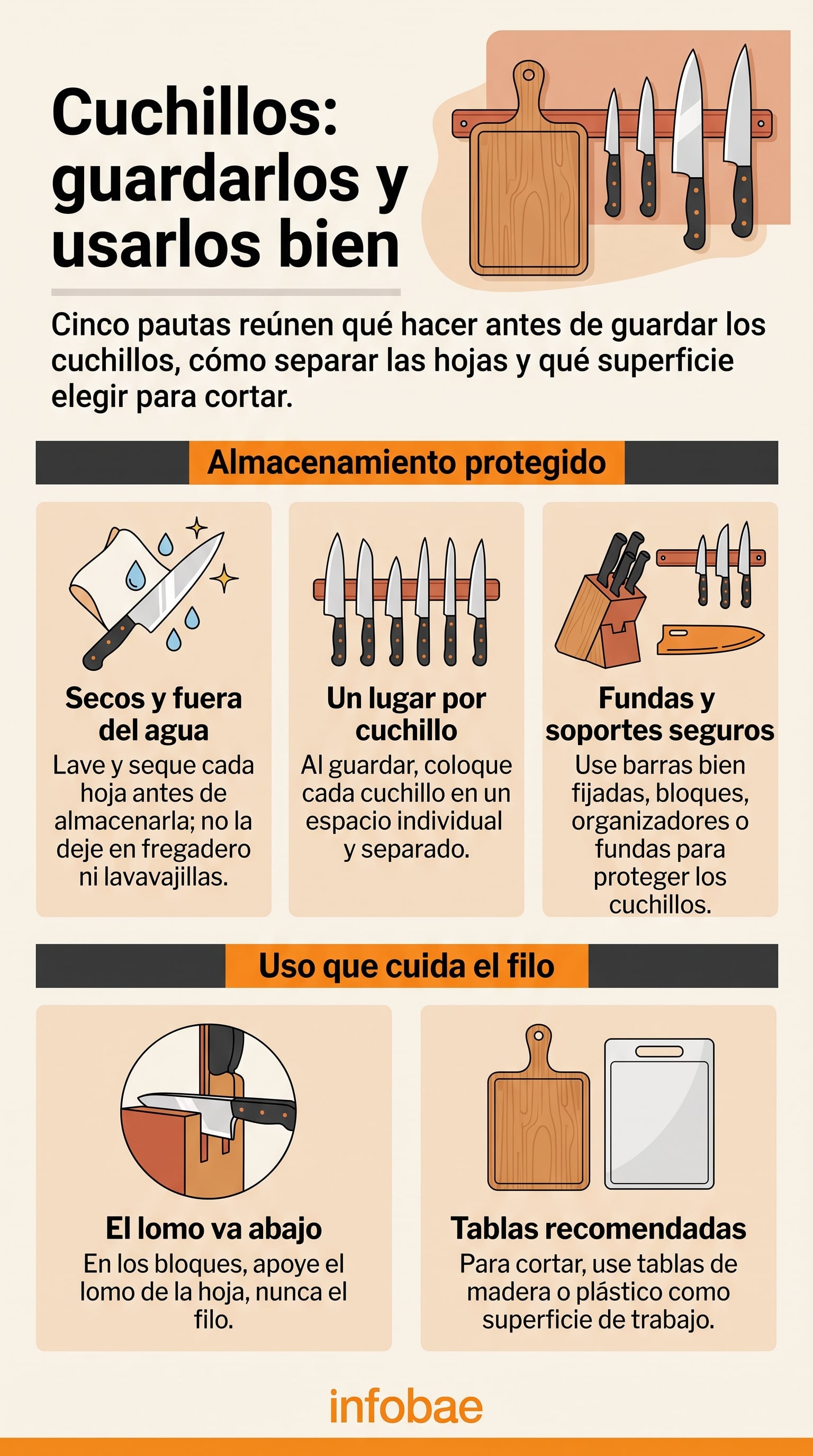 Recomendaciones para el almacenamiento y cuidado de cuchillos. (Imagen Ilustrativa Infobae)