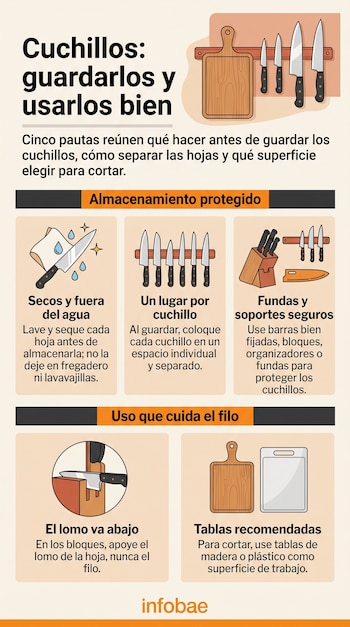Infografía con ilustraciones de cuchillos en barras magnéticas, un bloque de madera, fundas y tablas para cortar de madera y plástico.