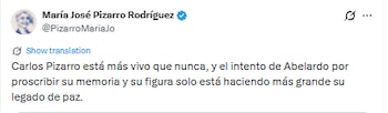 Este fue el mensaje de la exsenadora por las palabras del presidente en contra de su padre, el guerrillero Carlos Pizarro - crédito @PizarroMariaJo/X