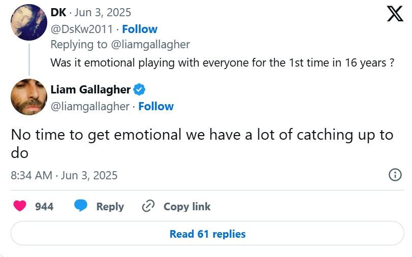 Liam Gallagher sorprendió a sus fans en X al decir que no tiene tiempo para emocionarse tras su reunión con Oasis. (Créditos: X / Liam Gallagher)