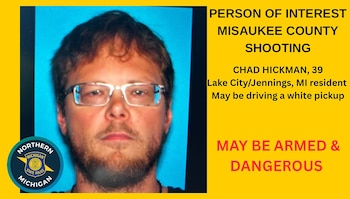 Este cartel sin fecha, facilitado por el Séptimo Distrito de la Policía Estatal de Michigan (MSP), muestra al sospechoso Chad Hickman, quien era investigado por la muerte de cinco personas y fue hallado sin vida el viernes 14 de agosto de 2026 (Policía Estatal de Michigan, Séptimo Distrito, vía AP)