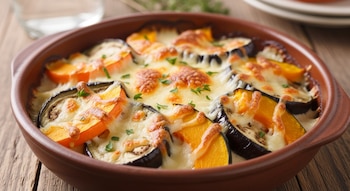 Un primer plano de un pastel gratinado en un recipiente de cerámica marrón, con rebanadas de berenjena morada y calabaza naranja cubiertas de queso.