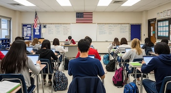 Vista trasera de estudiantes de secundaria sentados en pupitres, usando computadoras portátiles o tabletas en un aula luminosa con una bandera de EEUU al frente.