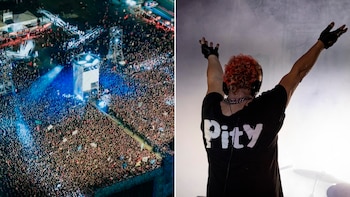 Imagen dividida muestra a Pity Álvarez en el escenario con brazos alzados y una vista aérea de una multitud en un concierto nocturno con luces azules