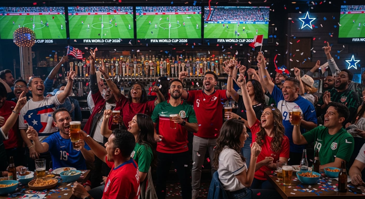 Entusiastas aficionados de diversas nacionalidades se reúnen en bares de Dallas para celebrar con euforia la Copa Mundial FIFA 2026, con confeti y bebidas en un ambiente festivo. (Imagen Ilustrativa Infobae)