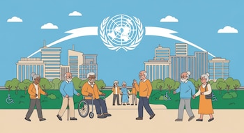Ilustración plana de una ciudad con edificios y zonas verdes. Muestra diversas personas mayores caminando, una en silla de ruedas, y el logo de la ONU en el cielo.