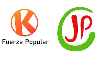 Logotipo de Fuerza Popular con letra K en círculo naranja y texto; logotipo de Juntos por el Perú con letras JP rojas en contorno verde sobre fondo blanco