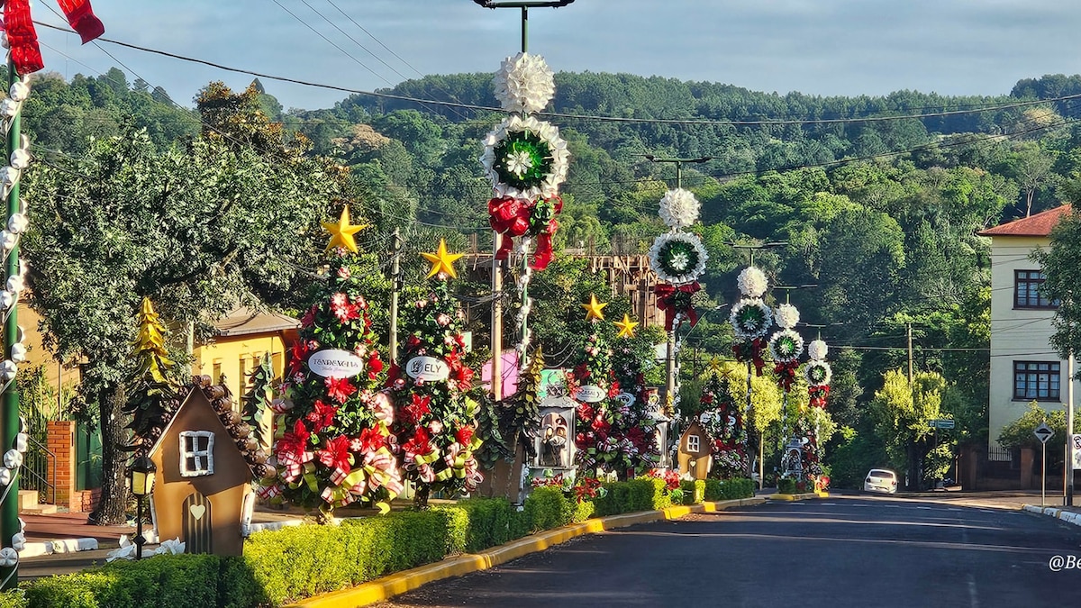 Decoraciones navideñas y gente en la plaza central de Capioví