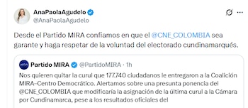 La congresista exige claridad a la autoridad electoral - crédito @AnaPaolaAgudelo/X