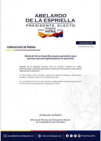 El presidente electo de Colombia Abelardo de la Espriella se dirigió a la opinión pública sobre las garantías para la oposición que regirán durante su mandato - crédito @defensoresco/X