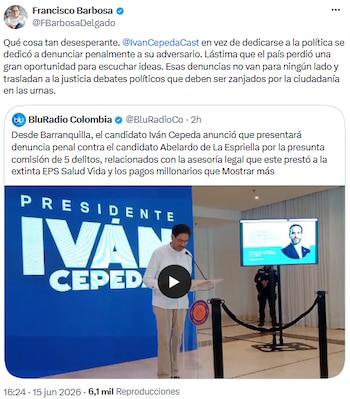 Francisco Barbosa respondió a Iván Cepeda por denuncia penal - crédito @FBarbosaDelgado/X