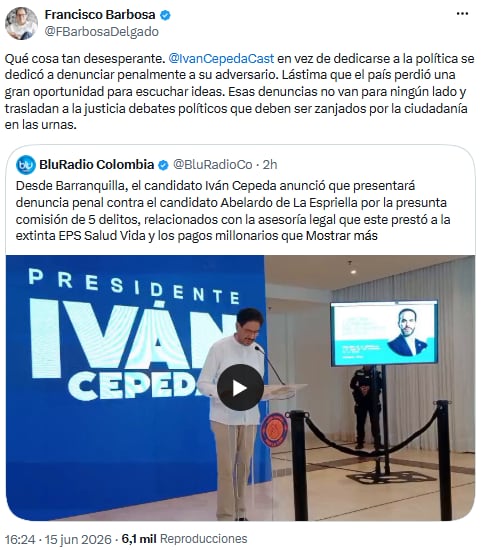 Francisco Barbosa respondió a Iván Cepeda por denuncia penal - crédito @FBarbosaDelgado/X
