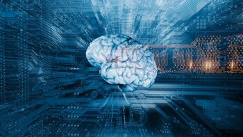human brain on a computers circuit-board, artificial intelligence and communication