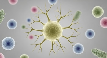 Ilustración de una célula dendrítica humana central, con prolongaciones ramificadas. Células inmunitarias esféricas y alargadas de colores la rodean sobre un fondo gris liso.