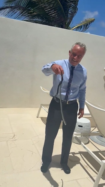 Hombre de mediana edad con camisa azul y corbata sonríe mientras sostiene una serpiente oscura por la parte superior con una mano en un patio exterior