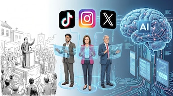 Ilustración: mitin clásico. Iván Cepeda, Paloma Valencia, Abelardo de la Espriella, interfaces, logos TikTok, Instagram, X, y cerebro AI.