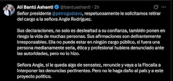Alí Bantú Ashanti pide al presidente retirar a Angie Rodríguez y califica sus declaraciones como irresponsables y riesgosas para el país - crédito Alí Bantú/X