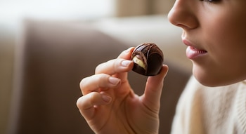 Primer plano de una mujer sosteniendo un bombón de chocolate, con parte de su boca y nariz visibles. El bombón tiene una capa oscura y un relleno claro.