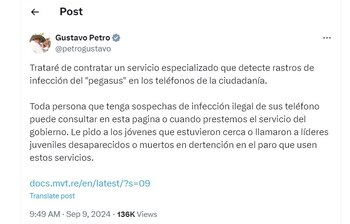 Gustavo Petro habla en su cuenta de X nuevamente del software Pegasus - crédito @petrogustavo