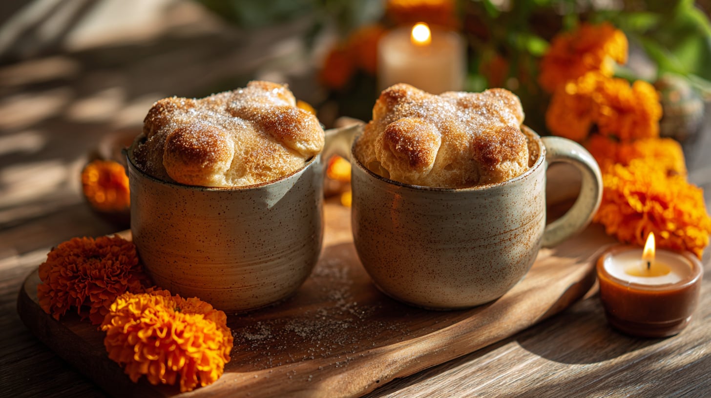 Pan de muerto en taza tipo mug cake, una versión moderna y creativa del tradicional postre mexicano del Día de Muertos. - (Imagen Ilustrativa Infobae)