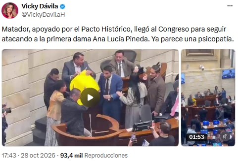 Vicky Dávila cuestionó el respaldo del Pacto Histórico a Matador en el Congreso - crédito @VickyDavilaH/X