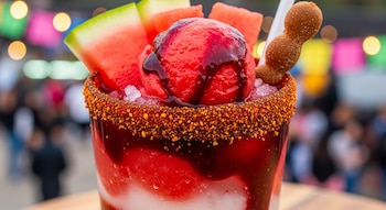 Primer plano de una chamoyada de sandía granizada con una bola de nieve roja, trozos de sandía y un caramelo de tamarindo. El vaso tiene un borde escarchado con chile. Fondo festivo.