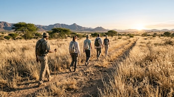 Un guía con sombrero y bastón camina junto a cuatro personas con mochilas por un camino de tierra entre hierba seca y montañas al fondo.