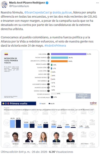 María José Pizarro resaltó liderazgo de Iván Cepeda y Aida Quilcué en encuestas y convocó a movilización para el 31 de mayo - crédito @PizarroMariaJo/X