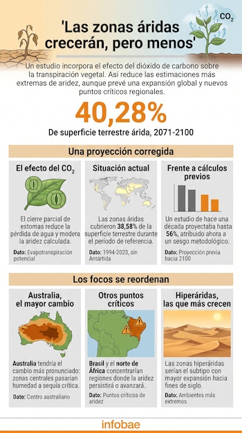 Infografía con la cifra de 40,28%, esquemas sobre el dióxido de carbono en las plantas, un gráfico de barras y mapas de áreas secas.