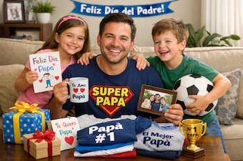 Padre sonriente, con camiseta "Super Papá", junto a sus dos hijos. En la sala, regalos de Día del Padre: camisetas, tazas, cartas, foto, balón.