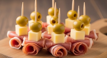 Varios pinchos con aceitunas verdes, cubos de queso y fetas de jamón crudo enrolladas. Los pinchos están dispuestos sobre una tabla de madera.