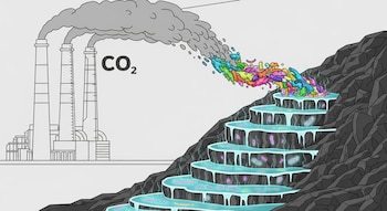 Ilustración de una planta industrial emitiendo CO2 que se transforma en biomasa colorida al fluir hacia fuentes termales con microorganismos brillantes.
