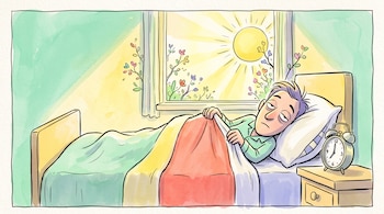 Un hombre en pijama yace en una cama mientras la luz del sol entra por la ventana, junto a un despertador sobre la mesa de noche.
