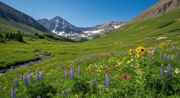 Valle de montaña en Colorado con un arroyo serpenteante, prados verdes y numerosas flores silvestres moradas, amarillas y rojas, y montañas nevadas al fondo.