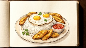 Dibujo a la acuarela de un plato de Arroz a la Cubana con arroz blanco, dos huevos fritos, plátanos maduros fritos y salsa de tomate, presentado en un cuaderno.