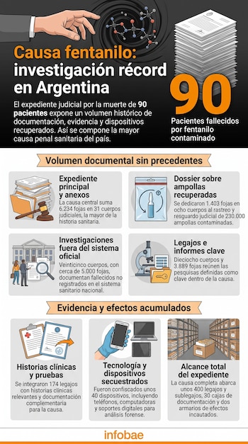 Infografía con texto, datos numéricos e ilustraciones sobre el volumen de un expediente judicial en Argentina.