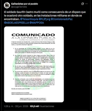 El comunicado de réplica del EGC al Ejército se publicó la tarde del viernes 26 de junio de 2026 - crédito @soygaitanista/X