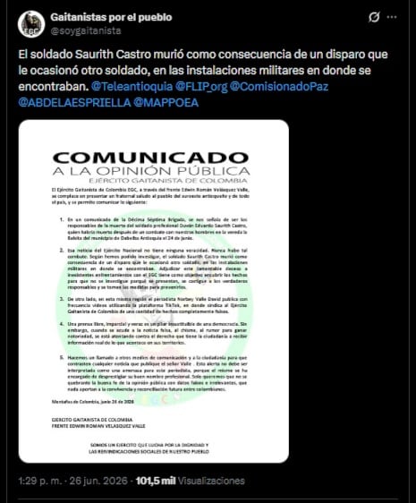 El comunicado de réplica del EGC al Ejército se publicó la tarde del viernes 26 de junio de 2026 - crédito @soygaitanista/X