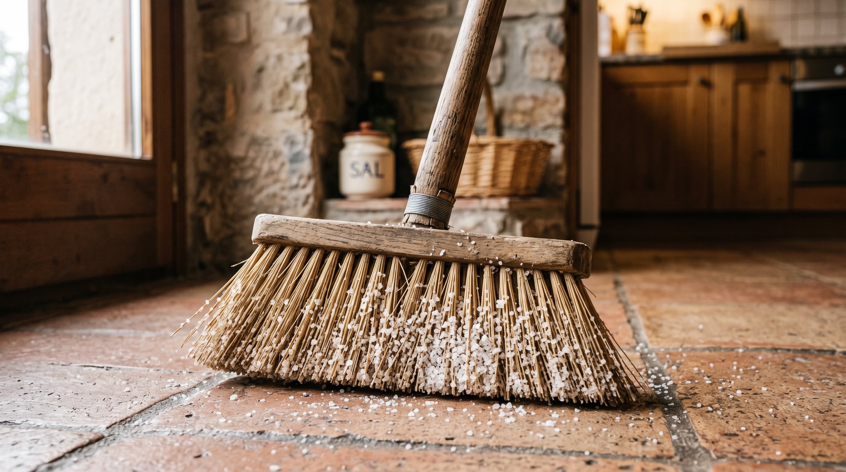 Una escoba de madera con granos de sal gruesa entre sus cerdas reposa sobre un suelo de baldosas rústicas. (Imagen Ilustrativa Infobae)