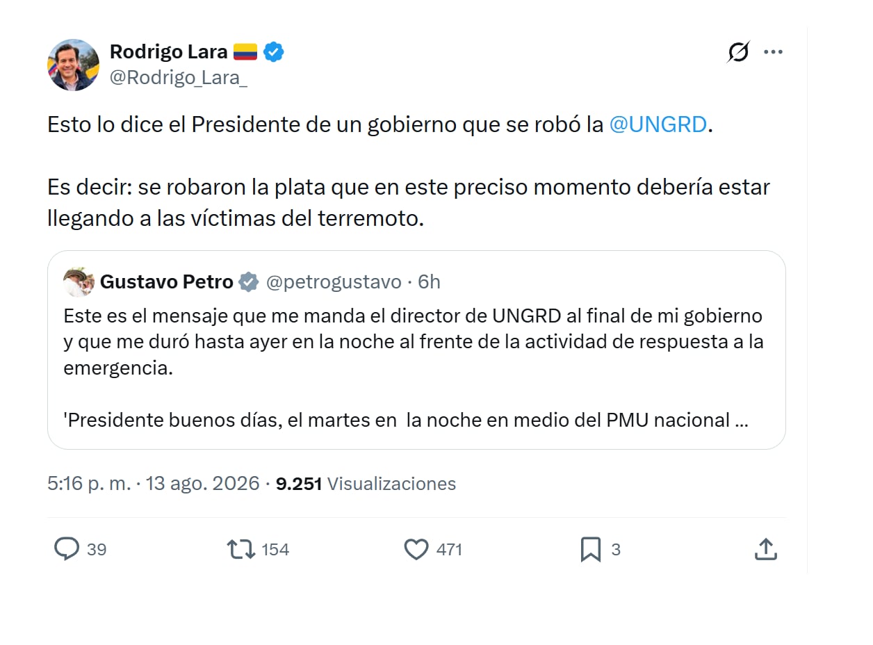 Con este mensaje en su perfil de X, el ministro Rodrigo Lara lanzó duras pullas a Gustavo Petro por manejo de la Ungrd - crédito @Rodrigo_Lara_/X