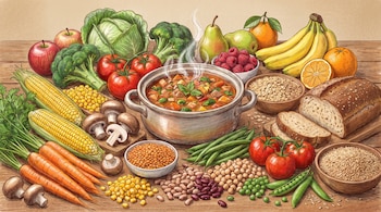 Olla de estofado humeante rodeada de repollo, brócoli, tomates, choclo, zanahorias, champiñones, manzanas, peras, naranjas, plátanos, frambuesas, legumbres, avena, arroz y pan.