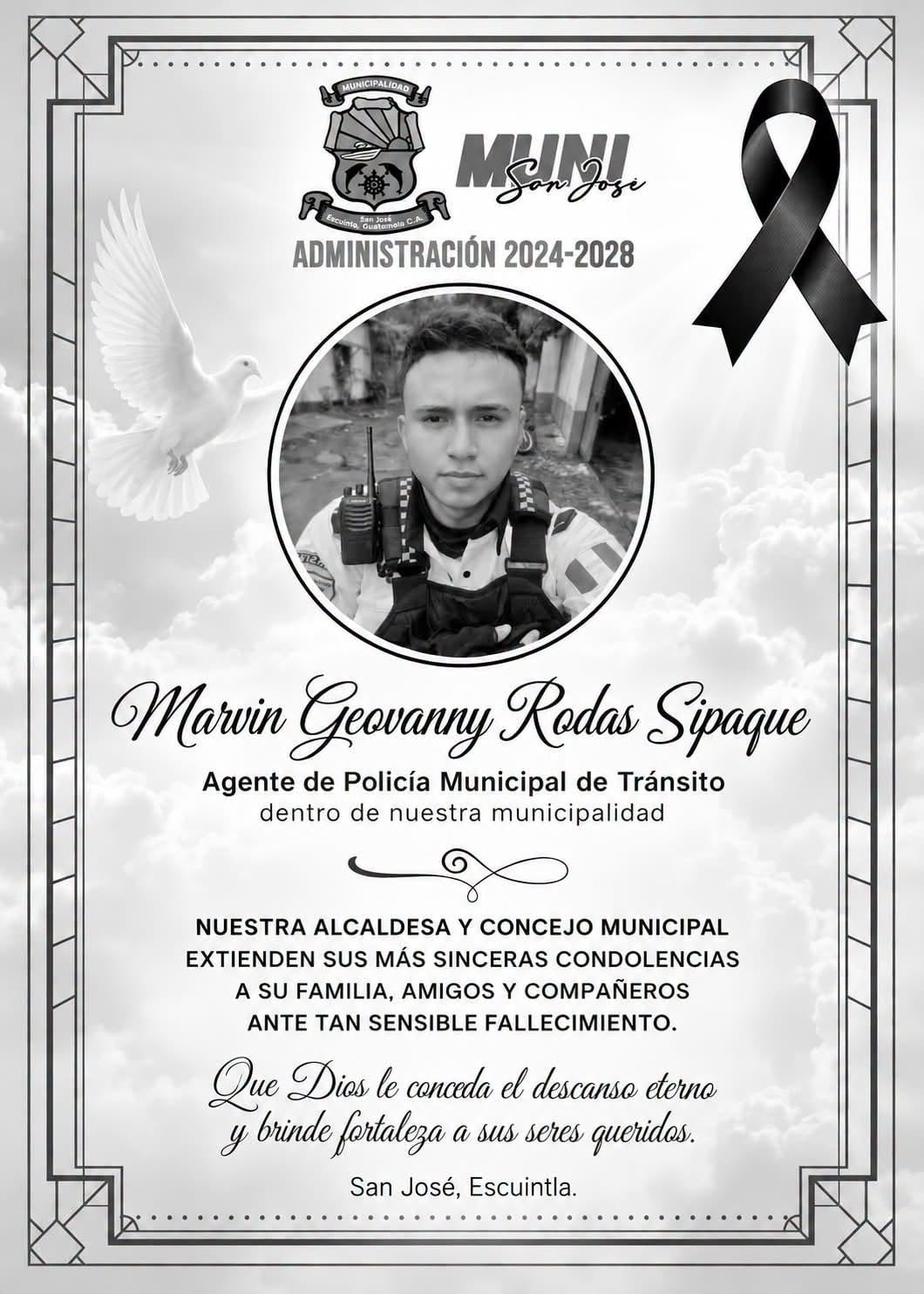 La Municipalidad de Escuintla lamentó el fallecimiento del agente de la PMT. (Municipalidad de Escuintla)